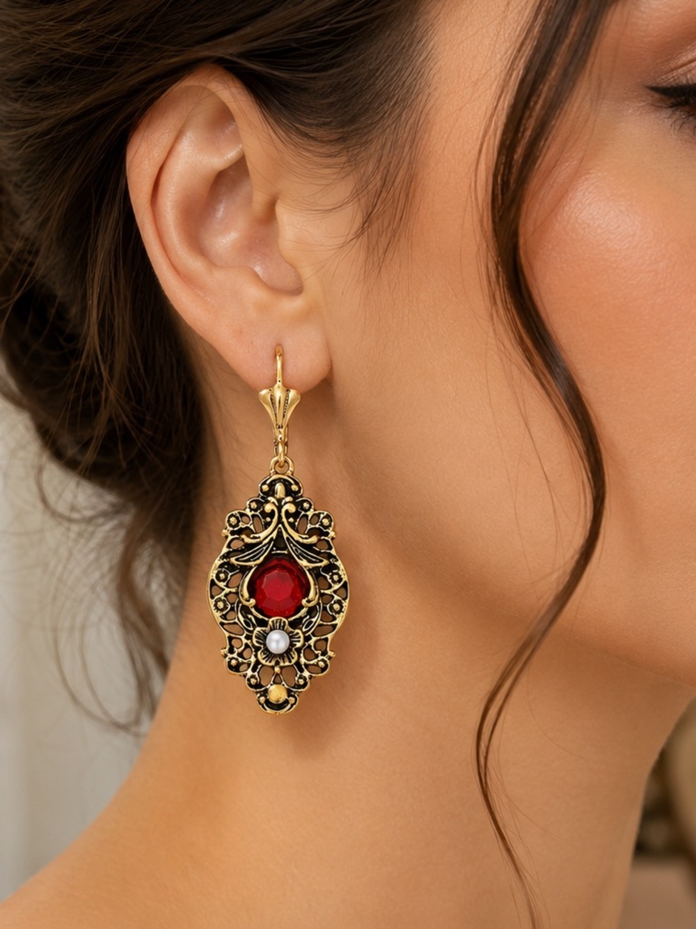 Elegant Red Crystal Filigree Earrings – Antique Gold Tone Statement Drops